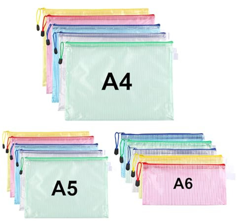 15 Stück Dokumententasche A4+A5+A6, Reißverschlusstasche Wasserdichte Mesh Dokumententaschen,Reißverschlussbeutel für Bürobedarf,Schulmaterial,Dokumente Case,Papier,Quittungen,Kosmetika,5 Farben