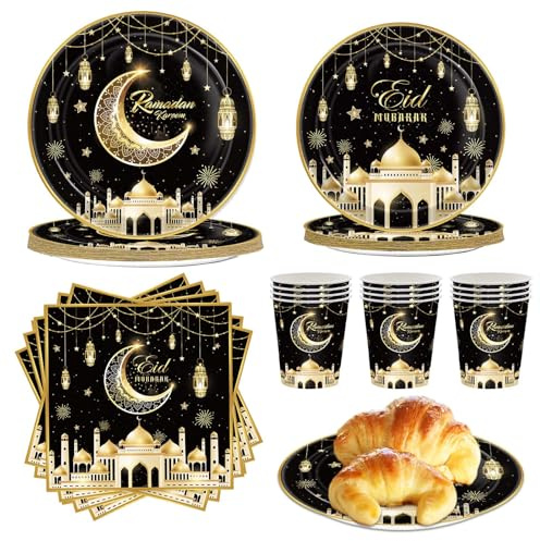 Ramadan Eid Mubarak Vaisselle de Fête, Décoration Ramadan Eid Mubarak - Ensemble Vaisselle Jetable pour Célébration, Hajj Mubarak, Omra Mubarak, Assiettes Ramadan et Eid Mubarak