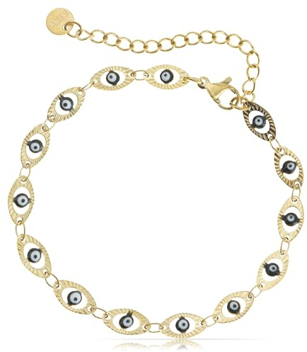 Made by Nami Armband Damen Gold mit Nazar Boncuk Anhängern Perlenarmband aus Chirurgischem Edelstahl 17 + 4 cm Hypoallergen Wasserfester Schmuck Gold Boho Schmuck Damen