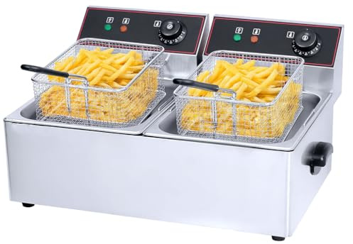 Friggitrice elettrica professionale doppia vasca da 2 x 6 l o 2 x 8 l – 5000 W – Termostato regolabile, serbatoi rimovibili – ideale per catering, snack, cibo camion (2 x 8 litri)
