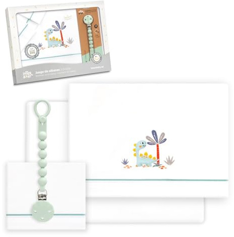 Interbaby - Juego Sabanas Cuna Bebe 60x120 Algodon 100% + Chupetero Silicona Blanco/Verde | Sabanas Cuna | Incluye Sabana Bajera, Encimera y Funda de Almohada | Primavera, Verano | Dinosaurio Palmera