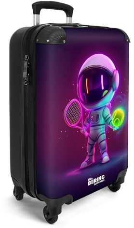 NoBoringSuitcases© Handgepäck Koffer Kinder Reisekoffer Kinderkoffer 4 | 55x35x20 cm - Rollen Leicht Cabin Kindertrolley Reise Hartschalenkoffer Astronaut - Tennis - Neon