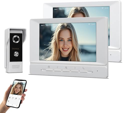 QttyElok Wi-Fi 7 Pollici Videocitofono Sistema Citofonico 1080P HD Telecamera, Videocitofono con 2 Monitor Interni, Visione Notturna IR, Audio Bidirezionale, Registrazione, Tuya APP