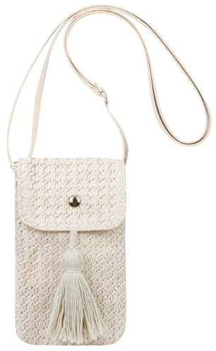 AdiStylinno Petit sac en paille pour femme, pompons tissés pour téléphone portable, pochette pour téléphone, petit sac à bandoulière avec sangles réglables pour l'été, la plage, les voyages, beige, 11