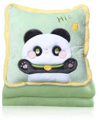 Panda - Coperta 3 in 1, soffice coperta da viaggio, 95 x 165 cm, cuscino trasformabile, cuscino, guanti, coperta in peluche per divano TV, coperta per auto, per viaggi, campeggio, ufficio