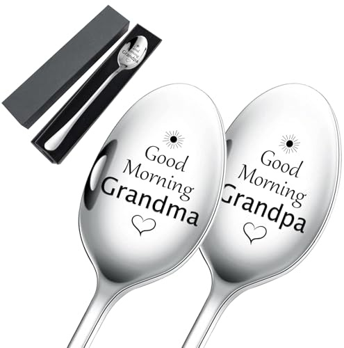 Funny Coffee Spoon for Grandma and Grandpa, Good Morning Grandma Grandpa Spoon Gifts for Grandparents, Ice Cream Spoon for Grandpa Grandma Anniversary Christmas