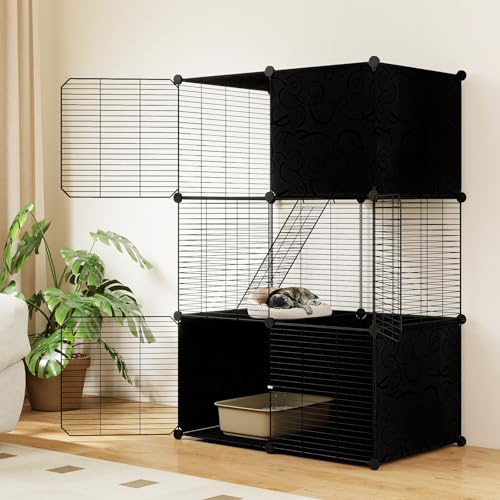 COSTWAY Kattbur 3 våningar, kattinhägnad med avtagbar Catio-lekplats & 2 ramper, gör-det-själv, metalltrådbur för katter små djur, kattkoja balkong inomhus, 74 x 47 x 110 cm, svart