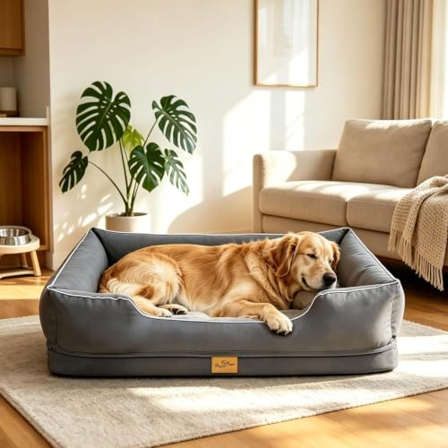BingoPaw Orthopädisches Hundebett Grosse Hunde, 105x75.5X 21 cm, abnehmbar | Hundesofa waschbar Hundekorb mit dickem flachem Schaumstoff, Hundecouch mit hohem Rand, wasserdicht rutschfest, grau