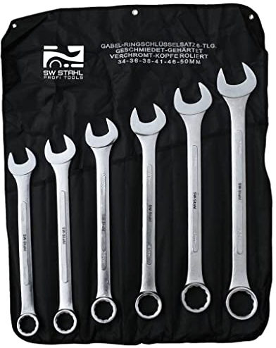 SW-Stahl 00927L Jumbo Gabelringschlüsselsatz I 6 teilig I 34-50mm extra lang I aus Carbonstahl I inkl. Rolltasche I Maulringschlüssel