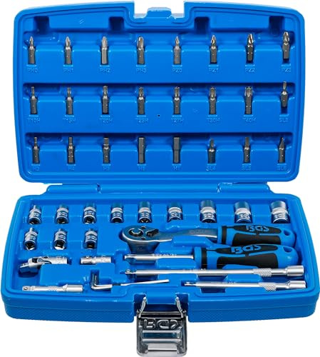 BGS 2144 | Steckschlüssel-Satz | Antrieb 6,3 mm (1/4) | 46-tlg. | Umschaltknarre 90 Zähne | Super Lock Steckschlüssel-Einsätze | Bits mit T-Profil (für Torx) mit Bohrung | Kunststoffkoffer