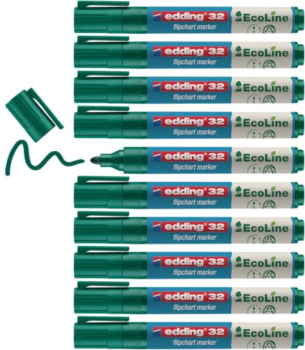 edding 31 EcoLine Flipchartmarker - grün - 10 Stifte - Rundspitze 1,5-3 mm - zum Schreiben, Zeichnen auf Flipcharts - Tinte schlägt nicht durch Papier - trocknet nicht aus - nachfüllbar