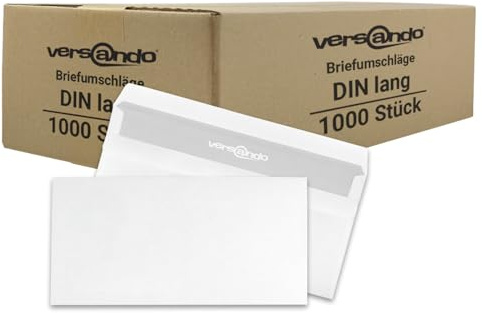 versando 1.000x enveloppes sans fenêtre DL 110x220 mm blanches : auto-adhésives pour factures, courriers professionnels, bureau, impression intérieure grise confidentielle