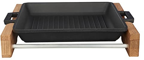 Lava - Griglia in ghisa con manici in metallo e supporto in legno, 26 x 26 cm