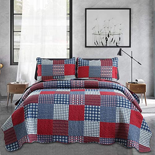 Jessy Home Kariertes Steppdecken-Set für Queen-Size-Betten, Bettbezug-Set, rot, blau, weiß, Patchwork, Queen-Size-Größe, weich, leicht, Steppdecke, ländlich, wendbar, Tagesdecke mit 2 Kissenbezügen