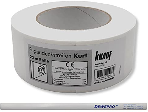 DEWEPRO KNAUF® Kurt Fugendeckstreifen - 25m Rolle - reißfester Papier-Bewehrungsstreifen zur Verspachtelung von Gipskartonplatten und Gipsfaserplatten - im Set inkl. 1 St Zimmermannsbleistift