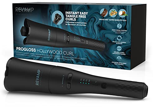 REVAMP Progloss Hollywood Curl, Rizador de Pelo Giratorio Automático, Crea Rizos Apretados u Ondas Voluminizadoras, Barril Iónico de Cerámica, Queratina