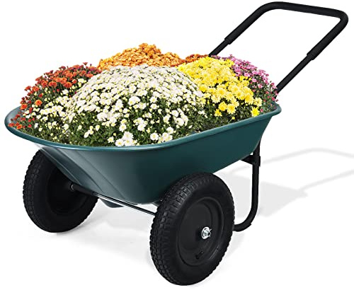 Wellhut 2 Tire Wheelbarrow Dump Cart, Heavy Duty Home Utility Garden Cart, 330 LBS Yard Wheelbarrow, Perfect for Transporting Soil Bricks and Construction Materials, Green
