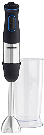 Taurus Batidora de mano con 1000W de potencia, 20 velocidades, función Turbo, diseño anti salpicaduras, cuchillas de acero inoxidable de 4 filos, accesorio vaso medidor de 600 ml