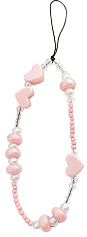 URFEDA Handykette Perlen Handy Lanyard Handyanhänger Böhmische Herz Perle Handykette Telefon Anhänger Anti Verlorene Telefon Kette Handgelenkschlaufe Schlüsselbund Handy Schmuck Hängen Chian Rosa
