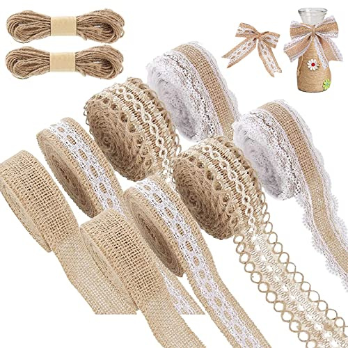 8 Rollen Juteband Vintage Spitzenband, Natürliche Jute Bänder und Spitze | Natur Juteband Spitzenband mit 20m Hanfseil, Weisse Spitzen für DIY Handwerk Weihnachten Deko Hochzeit Party Basteln Geschenk