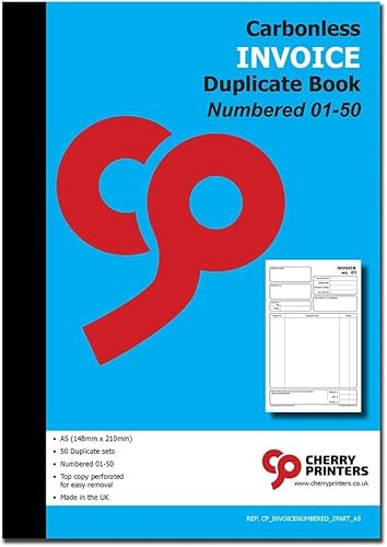 Cherry Carbonless NCR Duplicate Sales Invoice Book Numbered 1-50 Perfect for Self Employed with Space for VAT A5 (148 x 210 millimetres) 50 Duplicate Sets per Book **4 Pack**