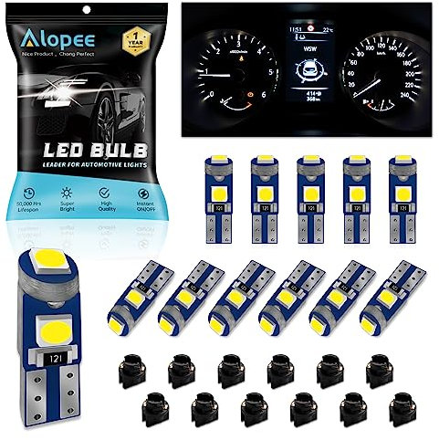 Alopee Lot de 12 Ampoule T5 12V 1.2W Led Blanc avec Douille 20Lumens 3SMD 3030 - Auto Ampoule Tableau de Bord, Compatible W1.2W 2721 2723 74 37 286 PC74 PC37