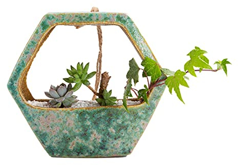 CAZARU Hängende Blumentöpfe, geometrischer Wandpflanzer, Keramik-Blumentopf, Hängevase, Desktop-Sukkulenten-Pflanzgefäß, Pflanztöpfe mit Seil für Zuhause, hängende Pflanzgefäße