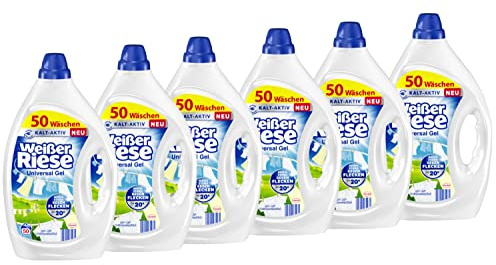 Weißer Riese Universal Gel 300 WL (6 x 50 Waschladungen), Vollwaschmittel sorgt für strahlend saubere Wäsche & wirkt riesig stark gegen Flecken, Kalt-Aktiv schon ab 20° C, 100% recycelbar*