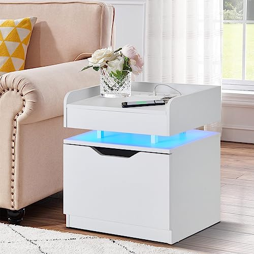 LEMROE Comodino bianco con stazione di ricarica, camera da letto, con ripiano aperto e cassetto comodino con luce LED regolabile per soggiorno mobili casa (bianco-1PC)