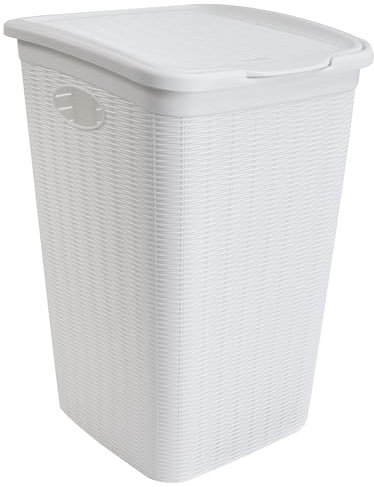 Wäschekorb 50L groß Weiß Rattanoptik mit Deckel 38x36x54cm Korb Kunststoff