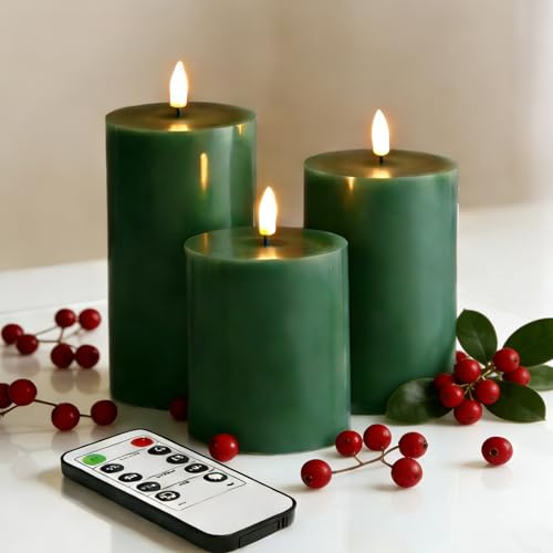 Eywamage Green Flameless Pillar Candles with Remote, Flickering Battery Operated LED Wax Candles Set of 3