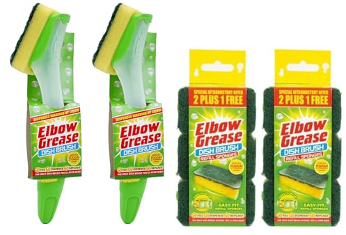 2X Elbow Grease Fillable Washing Up Brush with Sponge- Ergonomic design handle - with 6X Elbow Grease Sponge Refills