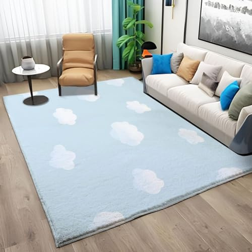 Cartoon Blauer Himmel Mit WeißEn Wolken Teppich Dekoration 180x240cm Schlafzimmer Kinderzimmer Wohnzimmer, rutschfest Waschbar Flanell Kinderteppiche, Hellblau Moderner Teppich für Balkon Esszimmer