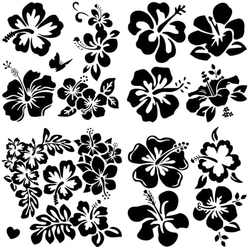 GORGECRAFT 4 Stil Hibiskusblüten-Autoaufkleber 20 x 20cm Hawaii-Aufkleber Und Abziehbilder Schwarze Hibiskus Autoaufkleber Wasserdichtes Vinyl Außendekor Für LKW Motorrad Türen Laptop