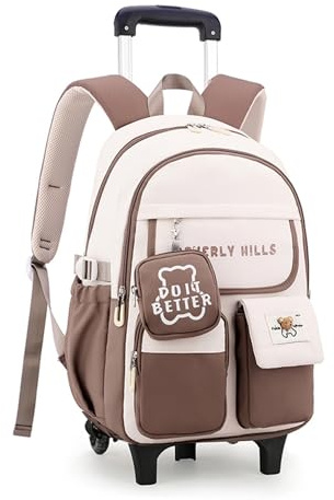 ZHANAO Color-blocking Rolling Backpack for Girls,Kawaii School Bag with Wheels,Trolley Bookbags for Primary Students
