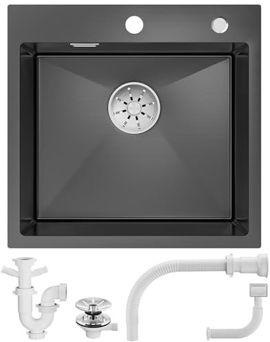 Sofetiy Spülbecken Schwarz 50×48cm, Spüle Anthrazit, Küchenspüle Edelstahl, Moderne Edelstahlspüle, Einbauspüle Rechteckig, Waschbecken Küche Schwarz ab 50er, mit Hahnloch, inkl. Siphon