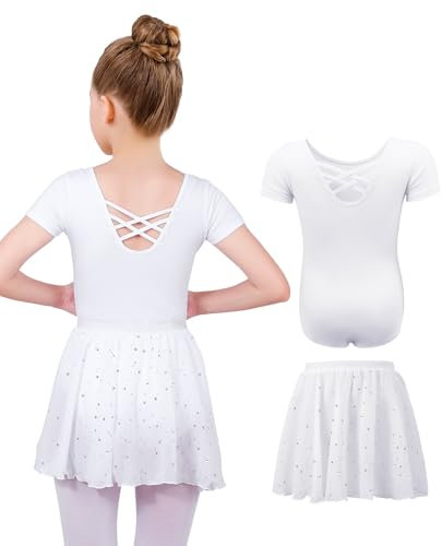 MYSSUCI Ballettkleidung Mädchen Ballettkleid Kinder Kurzarm Baumwolle Ballettanzug Tanzbody Tanzkleid mit Chiffon Rock Tütü 3-11Jahre (Weiß, 140)