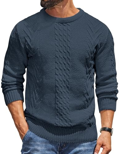 COOFANDY Jersey Hombre con Cuello Redondo de Punto Cable Azul Marino L