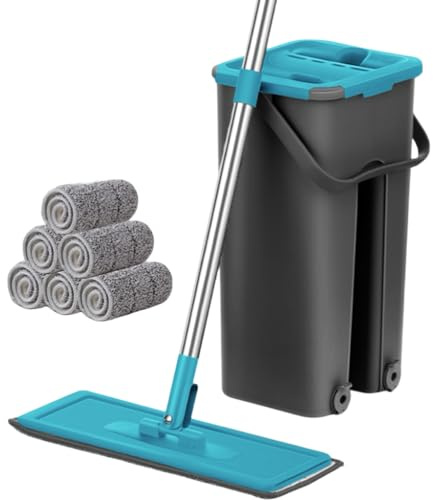 Mopa para Limpiar Azulejos y Paredes Mopa Fregona con Cubo Escurridor Mopa Fregona Mopa Suelo Mopa Cubo Escurridor 360 Dos Compartimentos Mop Bucket Set 2 Almohadillas Gamuzas Reutilizables (Verde)
