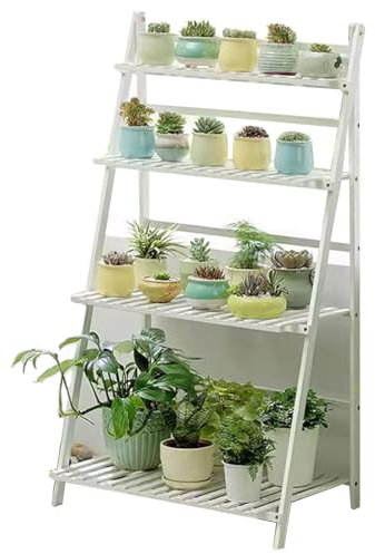 Soporte de bambú de 4 niveles para plantas al aire libre, interior, exhibición de flores, estante de escalera plegable para esquina, estante múltiple para macetas, sala de estar, balcón, color blanco,