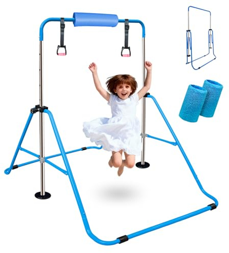 Triclicks Barra de gimnasia para niños con anillos de gimnasia, sistema de estiramiento plegable, equipo de entrenamiento horizontal, barra de entrenamiento para interiores, barra de gimnasia para
