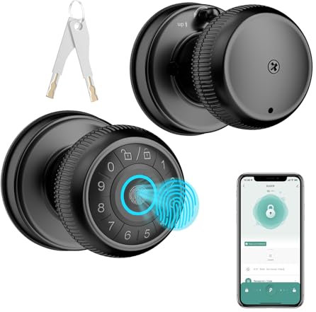 Fingerprint Door Lock, Smart Fingerprint Door Knob with Keypad, Biometric Door Lock with App Control, Auto Lock with Code, Keyless Door Knob with Lock for Bedroom, Home, Office-Black