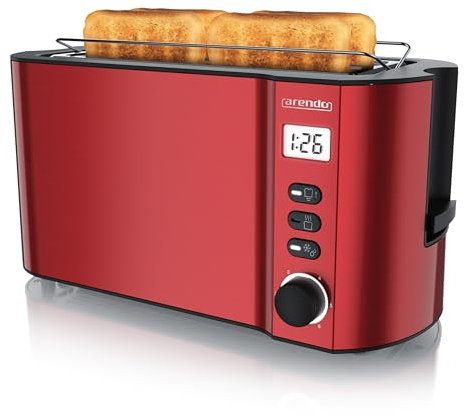 Arendo - Toaster Edelstahl Langschlitz 4 Scheiben - Doppelwandgehäuse - Integrierter Brötchenhalter - Bräunungsgrade 1-6 - Brotzentrierung – Display mit Restzeitanzeige - Rot Metallic