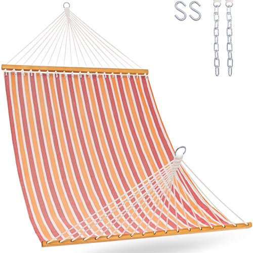 Lazy Daze Hammocks Quick Dry Hammock with Spreader Bar 2 Person Double Hammock with Chains Outdoor Outside Patio Poolside Backyard Beach 450 lbs Capacity, Red Stripes