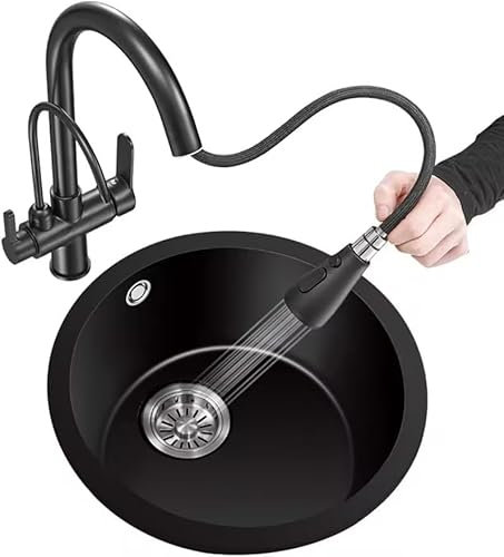 CWCQGH Fregadero de Cocina de Cuarzo Redondo de un Seno, de sobre encimera o bajo encimera, con escurridor Reversible y Kit de desagüe en Color Negro, 35 x 35 cm(35cm Black A5)