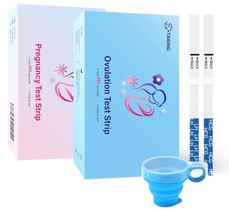 TAEING 40 Ovulationstests + 20 Schwangerschaftstests mit Urinbecher – Fruchtbarkeitstest für Frauen, Früherkennung mit 25 mIU/ml, Zuverlässiger Heimtest