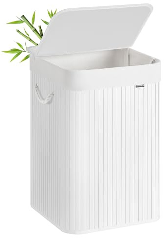 SONGMICS 95 L Laundry Basket, Dirty Laundry Basket, Lid, Bamboo, Handles, Foldable, Removable Machine Washable Bag, for Laundry Room, Bedroom, White LCB060W01