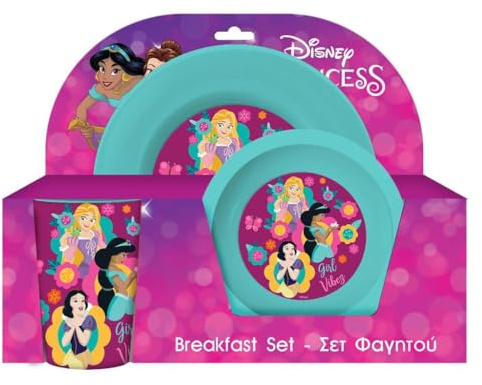 Disney Princesses Service de table pour enfants – 3 pièces réutilisables en polypropylène – Assiette, bol et tasse pour enfants – Service de table pour les repas – à partir de 24 mois
