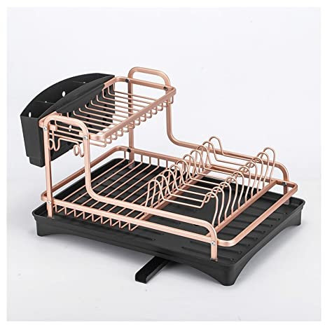 Dish Drying Rack - Double Layer Aluminum Alloy Sink Stand, Kitchen Organizer Drainer, Plate Holder, Cutlery Storage Shelf Accessories for Kitchen, Rose Gold Finish