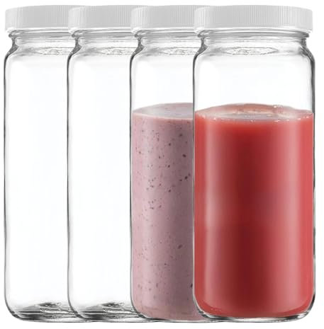 Lot de 4 bouteilles de jus en verre – Bocaux de voyage de 473,6 g, gobelets à eau avec couvercles hermétiques noirs, bocaux Mason réutilisables pour jus, thé aux bulles, smoothie, thé, kombucha (blanc